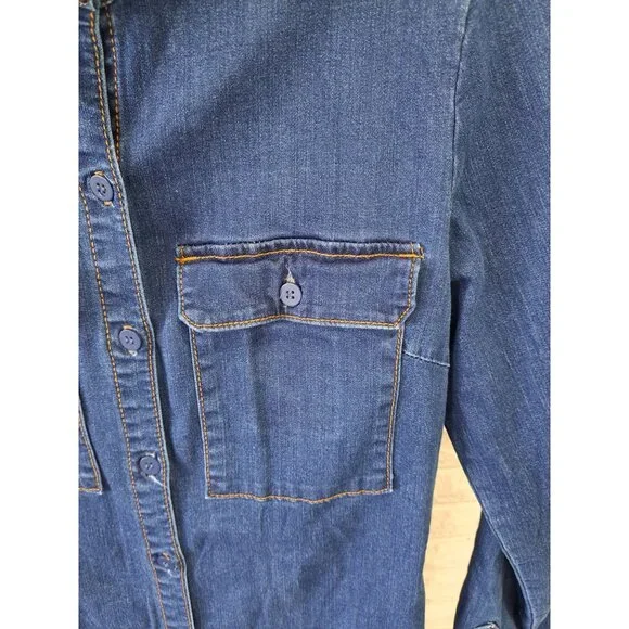 Kut From The Kloth Denim Shirt Dress Medium Button-Down Cotton Blend Roll Sleeve - Picture 2 of 10